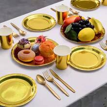 5/30/50/100件装金色纸质餐具，适用于生日派对、婚礼、户外露营，（7英寸18厘米）（9英寸23厘米）两种尺寸的沙拉盘、甜点盘、一次性派对餐盘，易于清洁，适用于盛放蛋糕、甜点、沙拉、汉堡、三明治、开胃菜、水果等食物。 - 金色 - 查看 2