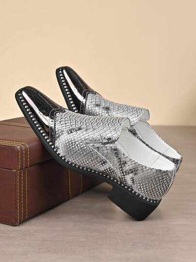 1 pereche de pantofi sport pentru bărbați, cu textură metalică și piele de șarpe, din piele PU, cu talpă superioară din cauciuc, cu toc jos, fără slip-on, casual, de afaceri, formali