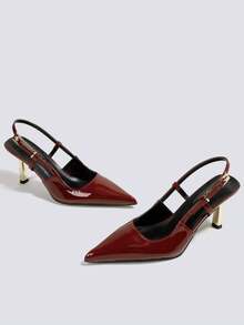 Giày cao gót nữ màu đỏ tía, giày cao gót hở mũi dự tiệc, giày cưới, giày Mary Jane, giày cao gót mũi nhọn có khóa cài. - Màu Đỏ Sâu - Xem 3
