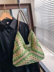 Dedoo Túi xách cỡ lớn dệt thủ công kiểu bà ngoại kẻ caro dành cho phụ nữ - màu xanh lá - Xem 4