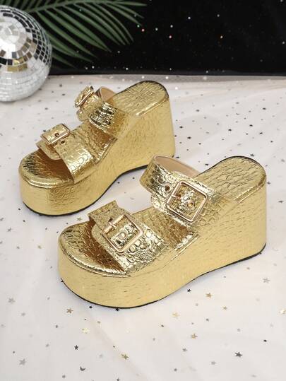 1 Pair Elegant Solid Color Fashion Buckle Platform Sandals, Outdoor Spring/Autumn Staple For Ladies
