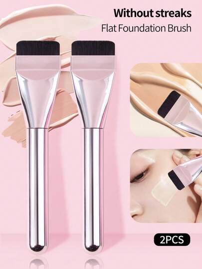 2支装银/粉色粉底刷，超薄刀片，柔软合成毛，扁平粉底刷/刮刀/面部刷，适用于液体粉底，高级面部化妆刷，可用于晕染膏状粉底，日常使用
