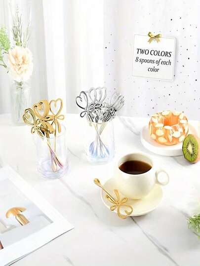 1/2/4/6 piezas Cucharas colgantes con diseño de corazón y mariposa, cucharas de acero inoxidable para revolver café, cucharas de postre de mango largo, adecuadas para el hogar, restaurante, dormitorio, cocina, hotel, oficina