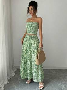 Conjunto de 2 piezas (top y falda) de mujer con estampado todo sobre, sin tirantes, casual y elegante para boda en la playa, verano - Verde - Ver 3