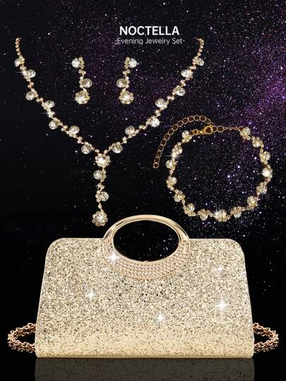 Noctella 这款珠宝套装包含项链、耳环和手链，饰以奢华闪耀的水晶，并配有精美的水晶手拿包，适合派对、浪漫婚礼、春夏链条单肩包、新娘包、正式舞会手拿包以及优雅晚礼服。是派对、婚礼、舞会和盛大晚宴的理想之选。