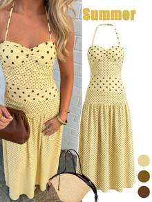 女士春夏新款——优雅波西米亚风露肩沙滩连衣裙，饰以波点图案。这款黄色波点吊带连衣裙收腰显瘦，营造度假约会氛围。它是夏季新款仙女裙，波点连衣裙派对必备。 - 淡黃色 - 查看 4