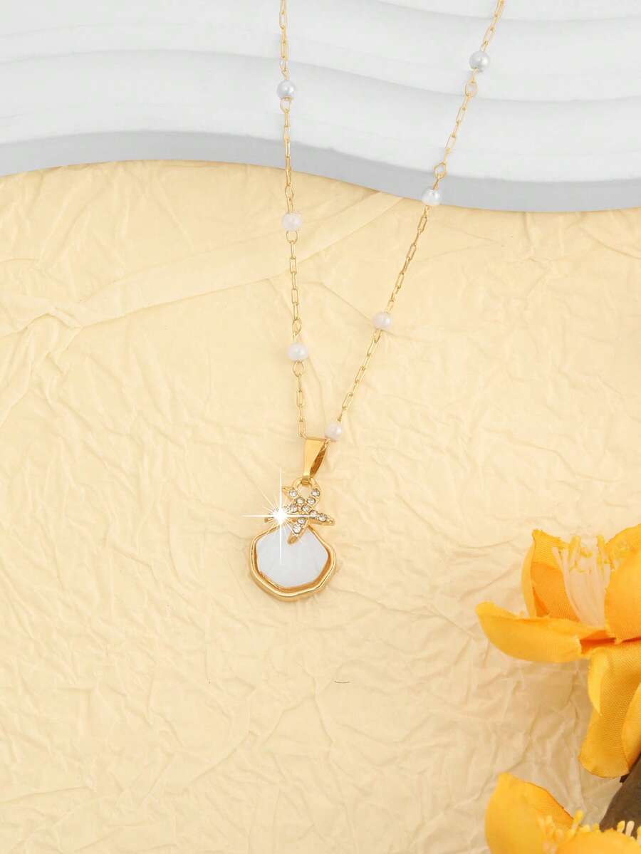 1pc Bohemian Style Starfish, Seashell, Faux Pearl Necklace, Minimalist, Elegant, Versatile, Bridal Beach Accessory - Multicolor - View 1