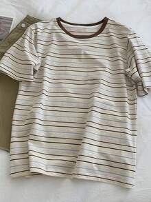 Kaos Wanita Lengan Pendek Bergaris Leher Bulat, Pakaian Sehari-hari Dasar, Potongan Ramping. Cocok untuk Pakaian Kasual dan Liburan Musim Panas. - Aprikot - View 9