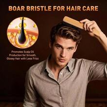 Boar Bristle Hair Brush Men - Slick Back Hair Brush - Mens Hairbrush With Stiff Bristles Wooden Handle, Thick, Fine Normal Hair Smoothing Styling Adding Shine, Beard Mustache Brush Comb - Wood - 查看 2