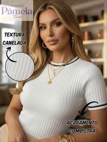 Women's Modal Knit Blouse With Striped Detail, Round Neck, Short Sleeves, Summer Fashion Knit Top - Rosa - Xem 3