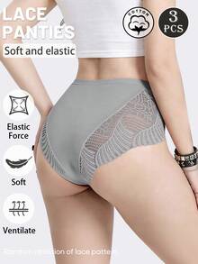 3条装蕾丝边纯棉内裤，中腰镂空性感女士内衣 - 彩色 - 查看 3