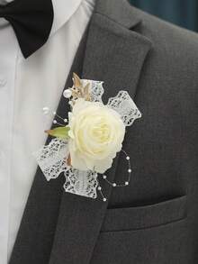 1pc/2pcs Elegant Ivory Rose Flower With Lace Trim, Beaded Faux Pearl Elastic Wristband & Brooch, Suitable For Bride, Groom, Bridesmaids, Mothers, Grandmothers, Girls For Weddings, Balls, Parties, Engagement Decorations,Summer,Beach - White - View 3