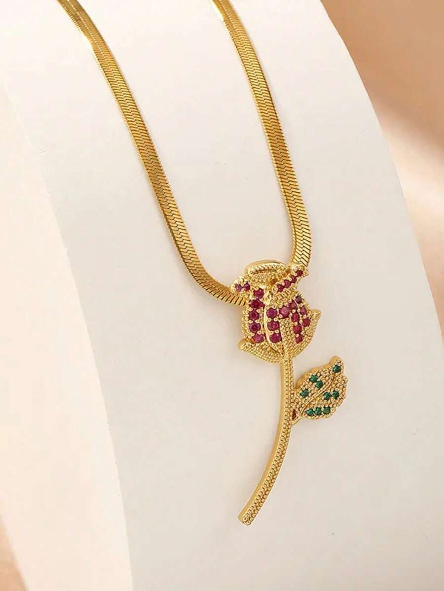 1pc Gold Rose Pendant Necklace, Romantic Luxury Elegant Style Fashion Jewelry, Suitable For Dates, Gifts, Daily Wear (OPP Bag Packaging) - Gold - View 1