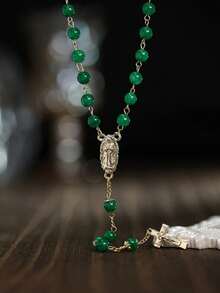1条天主教念珠项链，绿色健康材质，圣诞礼物，适合送给女性、父亲、丈夫 - 玉石念珠项链，配有圣母玛利亚和十字架吊坠，充满正能量 - 串珠 - 查看 8