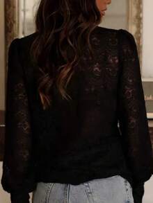 JoWins Spring/Summer New Arrival Vintage French Style Loose Flattering Elegant Lantern Sleeve V-Neck Crochet Hollow Lace Blouse, Suitable For Daily And Work Wear - Black - View 3