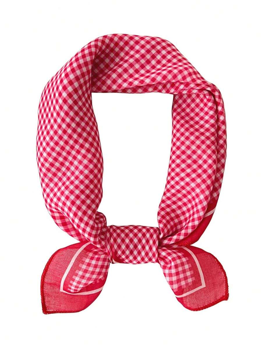 1pc Casual Polka Dot & Plaid Print Bandana, New Spring/Autumn Versatile Waist Tie, Headband, Headscarf, Fashion Scarf For Women - Red - View 1