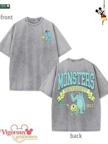 Disney Gray Pattern T-Shirt Summer Clothing  Vintage Washed 230g T-Shirt - Grey - View 1
