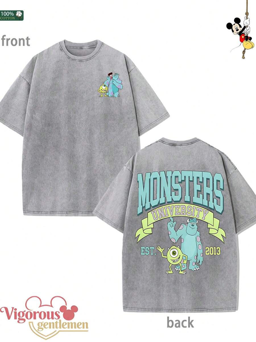 Disney Gray Pattern T-Shirt Summer Clothing Vintage Washed 230g T-Shirt - Grey - View 1