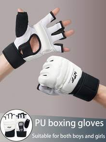 1 Pair PU Boxing Gloves, Half Finger Boxing Gloves, Suitable For Adult Punching Bag Training, Unisex, Taekwondo Hand Protector - White - View 1