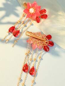 2 piezas Clips para el cabello con borlas y flores de granado al estilo chino, lindos y dulces, regalo para mujeres, adecuados para uso casual diario - Rojo - Ver 6