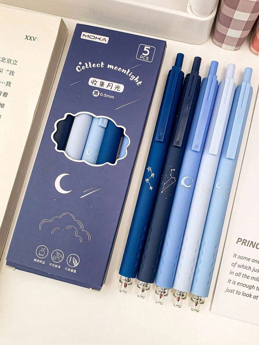 5pcs Moon & Star Pattern Press Type Gel Pen, Simple Multi-Purpose Gel Rollerball Pen Set For Painting, Writing Back To School - 多色的 - 查看 1