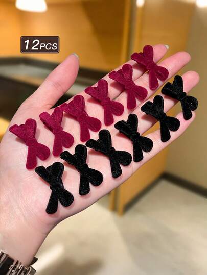 12个/套 女孩天鹅绒蝴蝶结发夹，复古风小发夹，女孩发饰，适合日常休闲佩戴