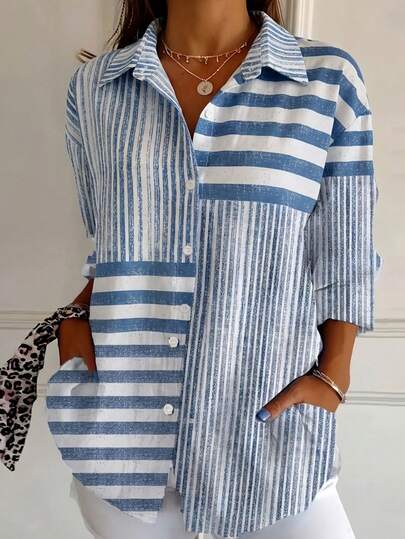 Contrast Stripe Print Button-Up Shirt, Bohemian Vintage Elegant Special Edition Women's Printed Long Sleeve Shirt, Summer Outfit For Women, Vacation & Beach Outfit, Women's Casual Loose Fit Long Sleeve Shirt, Versatile For All Seasons White
