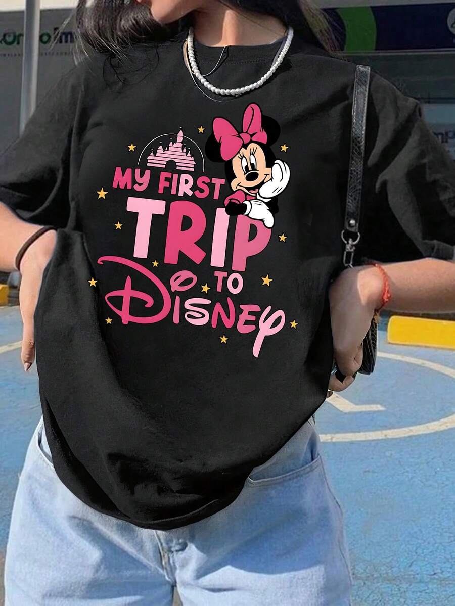Women's Black Cotton Casual Short Sleeve Round Neck T-Shirt With 'My First Trip To Disney' Minnie Mouse Graphic Print, Regular Length - Black - View 1