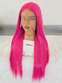 Websterwigs Elegant 13x4 Lace Front Straight Hair Wig, 26 Inches, Rose Red/Pink/Light Pink, Synthetic Lace Front Wig With Pre-Plucked Hairline, Heat-Resistant Fiber Hair, Silky Straight, For Women, Cosplay, Party, Daily, Music Festival - 玫紅色 - 查看 7