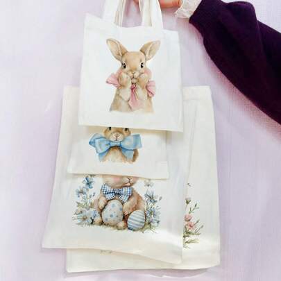5pcs Reusable Cute Rabbit Pattern Canvas Gift Bags Set, Mini/S/M/L Size, Party Favor Bags For Birthday, Kids Theme Party, Baby Shower, Back To School, Graduation, Anniversary Celebration