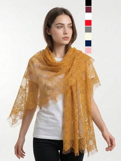 1 st. damspets ihålig jacquard enfärgad halsduk, lätt mjuk elegant sjal, mångsidig lång chiffonghalsduk för bröllop, festival, alla årstider