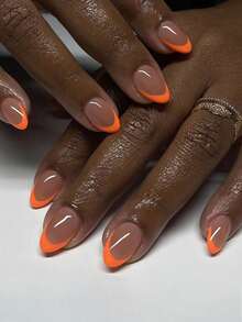 30pcs Orange Short Almond Shape French Soft Full Coverage Disposable Artificial Nails With Fashion Design, Suitable For Parties, Dates And Daily Wear, Enhance Your Overall Look - Orange - View 8