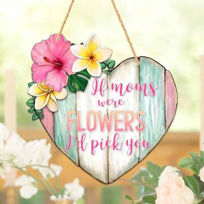 1pc 2D Flat Floral Heart-Shaped Thick Wooden Plaque, Pink & Green Contrasting Wood Grain Heart Decor, Can Be Hung Or Placed On Entryway, Window Sill, Dining Table, Creates Homely Atmosphere, Countryside Style Mother's Day Wall Decor