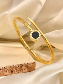 RAYQUEEN Bộ trang sức vòng tay bằng thép không gỉ thời trang, đa năng, khắc số La Mã và hình hoa năm cánh, thích hợp làm quà tặng dịp lễ. - Vàng - Xem 3