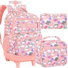 Bộ 3 món gồm ba lô kéo bằng nylon bền chắc, họa tiết mèo và bóng bay dễ thương, kèm túi đựng cơm trưa và hộp bút, khóa kéo, kiểu dáng vui nhộn cho trường học và du lịch. - 21 Ba lô một bánh xe - Xem 2