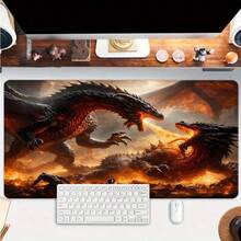 1件装史诗巨龙之战大型游戏鼠标垫，熔岩战场加长桌面垫，办公桌配件防滑缝边电脑垫，橡胶底座笔记本电脑键盘垫，适用于家庭办公室和游戏玩家，耐用防泼溅 - 查看 4