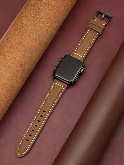1pc Vintage Brown Genuine Leather Watch Band, Compatible With Apple Watch Ultra 3/2/1/SE/S11/S10/S9/S8/S7/S6/S5/S4/S3/S2/S1 Series 38mm/40mm/41mm/42mm/44mm/45mm/46mm/49mm, Suitable For Business, Meetings And Parties, Also Fits Other Smartwatches