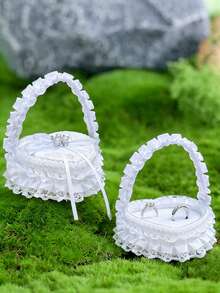 1pc White Handheld Wedding Ring Box With Pearl Bow And Satin Ribbon Decoration, Suitable For Wedding, Proposal, Anniversary - View 2
