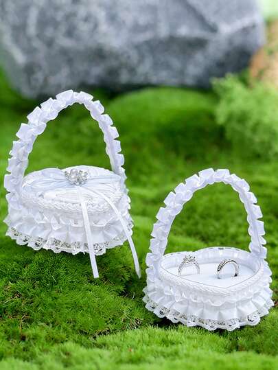 1 White Handheld Wedding Ring Box, With Pearl Bow And Satin Ribbon Decoration,For Wedding ,Proposal ,Anniversary