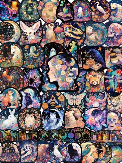 50张童话世界动物花卉激光贴纸，PVC防水贴纸，自粘式，适用于学校文具、日记本、剪贴簿、手机、笔记本电脑、保险杠、滑板、水瓶、安全帽、汽车贴纸