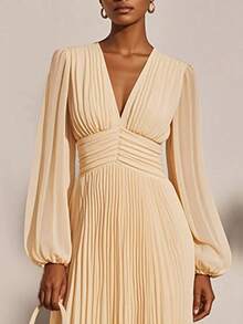Women's Elegant Comfortable Long Sleeve V-Neck Solid Color Pleated Hem Dress Spring - Apricot - View 3