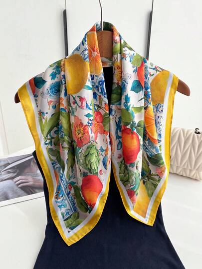 1 pieza Nuevo pañuelo de satén con estampado de árbol de limón de moda elegante y retro para mujer, pañuelo/chal bohemio vintage casual para mujer, ligero y cómodo, adecuado para uso diario y salidas en primavera/verano