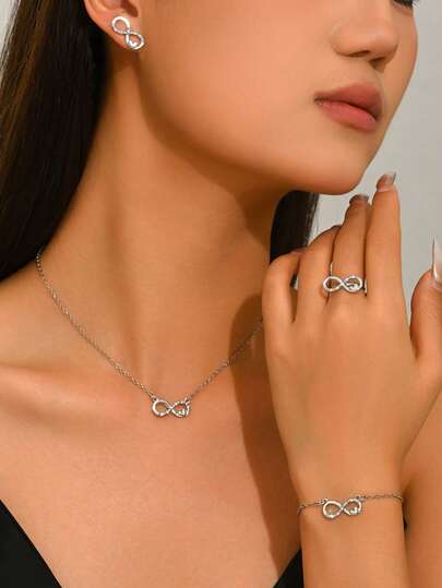 5pcs Women Elegant Minimalist Metal Rhinestone Infinity Symbol Ring 1pc + Bracelet 1pc + Earrings 1 Pair + Necklace 1pc Jewelry Set, Suitable For Daily Wear