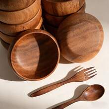 手工打造三件套圆形木质沙拉碗，包含1个碗、1个勺子和1个叉子，天然实木，日式风格，适用于爆米花、意面、糖果、麦片、椰子酱、开胃菜，厨房、圣诞节、万圣节、复活节、感恩节、餐厅等场合，多种尺寸可选。 - 彩色 - 查看 12