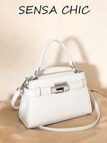 时尚女士手提包，带锁扣，新款高端小方包，女士单肩斜挎两用包，白色亮面压纹PU材质 - 白色 - 查看 7