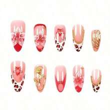 24pcs/Set French Almond-Shaped Ocean Style Elegant 3D Stereo Starfish, Red & Yellow Flower, Seashell, Golden Pearl Decorated Sweet Press-On Full Cover False Nails With 1pc Jelly Gel And 1pc Nail File, Adding A Romantic Touch For Daily Dates, Autumn/Winter - 彩色 - 查看 8