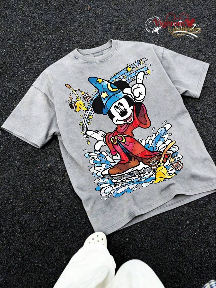 Disney Sorcerer  Stained Glass Style Graphic T-Shirt, Summer Vintage Washed 230g Heavyweight Short Sleeve - 灰色 - 查看 1