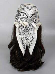 1pc Bohemian Paisley Pattern Silk Scarf, Size 27.5" X 27.5", Fashionable Design, Suitable For Daily Wear - S46637 - White - View 5