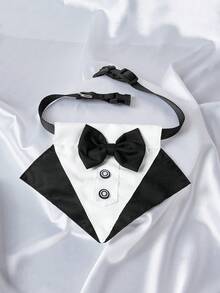 1pc Pet Wedding Bow Tie Bib With Leash Clip, Suitable For Cats And Medium To Large Dogs - Black and White - View 4