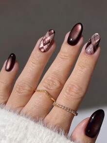 瞬间提升你的造型！24片/套，中长款杏仁形法式深棕色格纹金属质感复古奢华优雅全覆盖式假指甲，包含1片果冻胶和1个指甲锉，是女士和女孩参加派对、约会和日常佩戴的理想之选。 - 彩色 - 查看 1